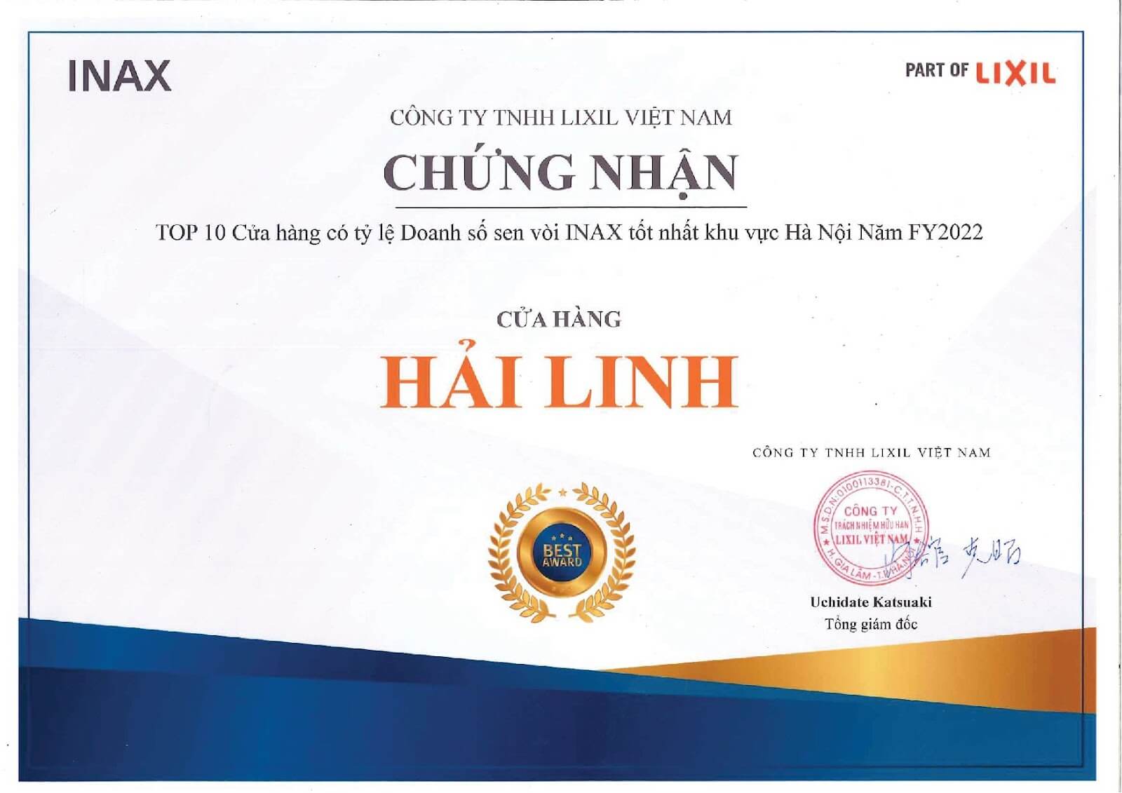 Hải Linh vinh dự đạt chứng nhận top cửa hàng doanh số INAX cao nhất Hà Nội năm 2022 